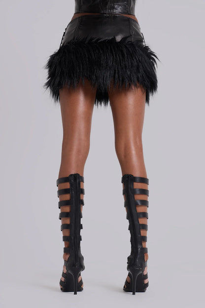 Shadow Luxe Fur-Trim Mini Skirt – Black