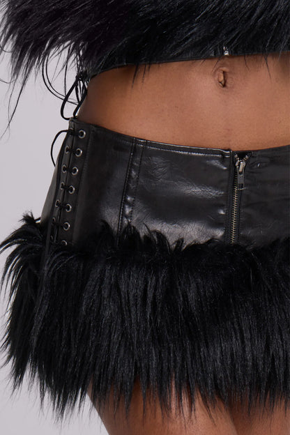 Shadow Luxe Fur-Trim Mini Skirt – Black