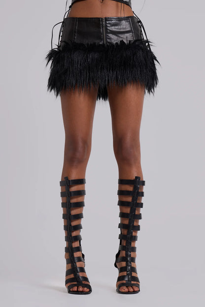 Shadow Luxe Fur-Trim Mini Skirt – Black