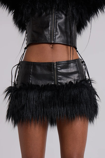 Shadow Luxe Fur-Trim Mini Skirt – Black