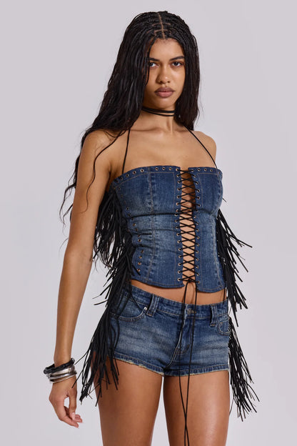 VIVI Fringe Denim Micro Mini Shorts