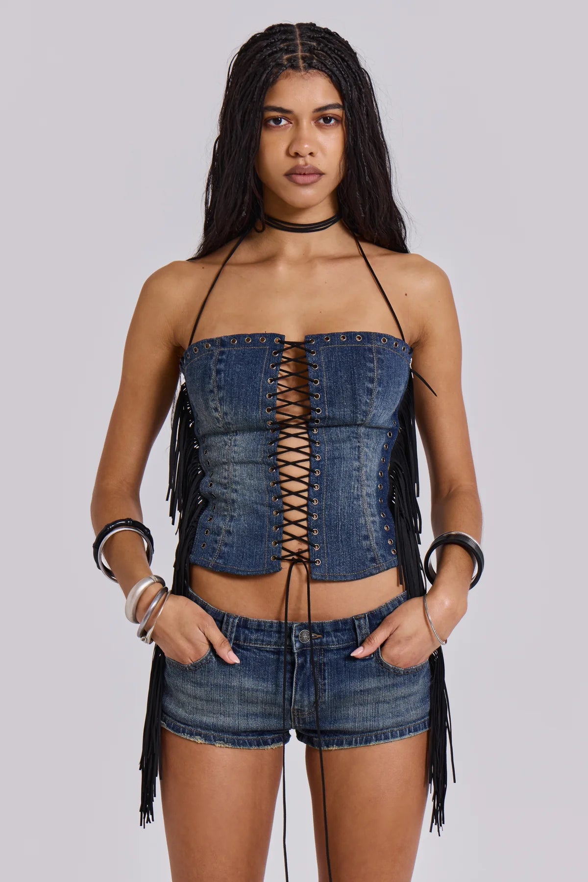 VIVI Halter Lace-Up Corset – Denim