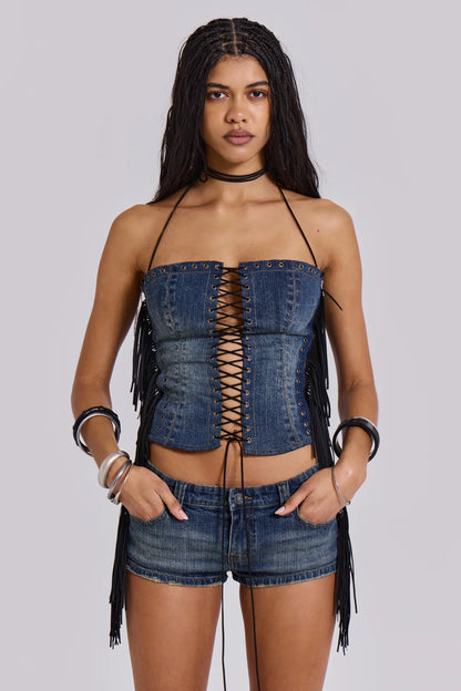 VIVI Halter Lace-Up Corset – Denim