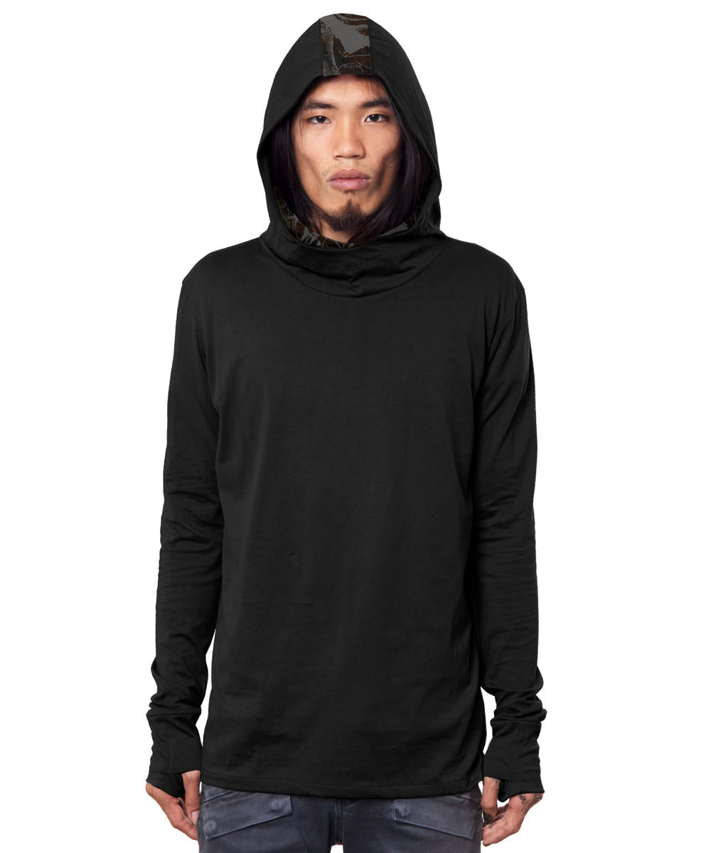 KUSARY Long Sleeve Hooded Shirt In Black