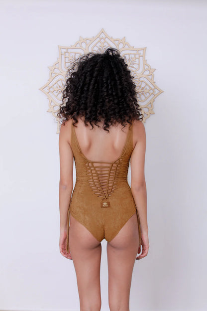 DELI Suede Look Dark Camel One Piece Swimsuit