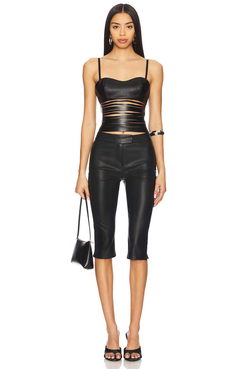 Faux Leather Laser Cuts Top - Black