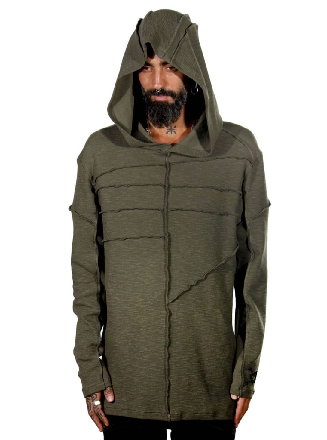 RATTLE Long Sleeve Hooded Shirt In Olive