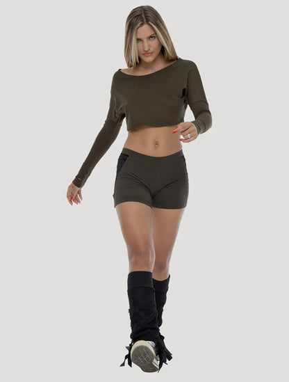 REVOL Long Sleeves Crop Top In Olive