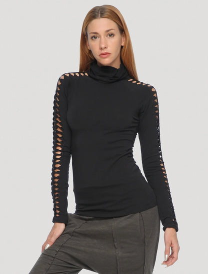 RAFFIA Long Sleeves Braided Top In Black