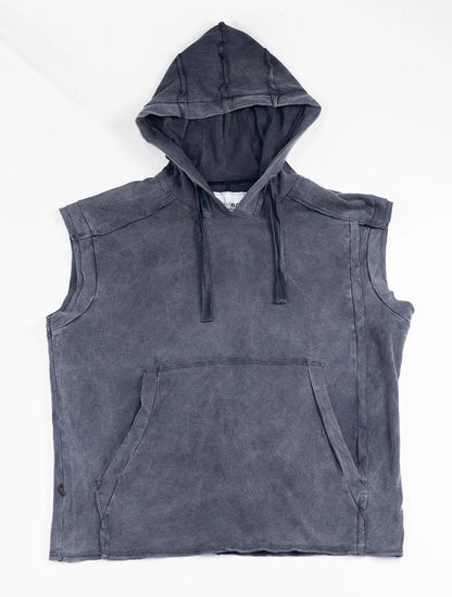 RHINO Sleeveless Baggy Hoodie Sweatshirt In Washed Black