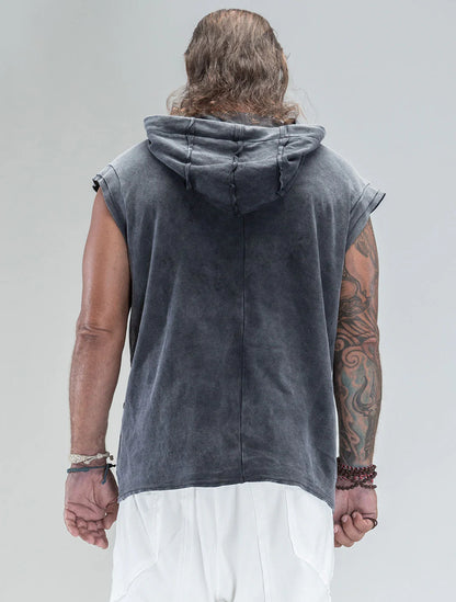 RHINO Sleeveless Baggy Hoodie Sweatshirt In Washed Black