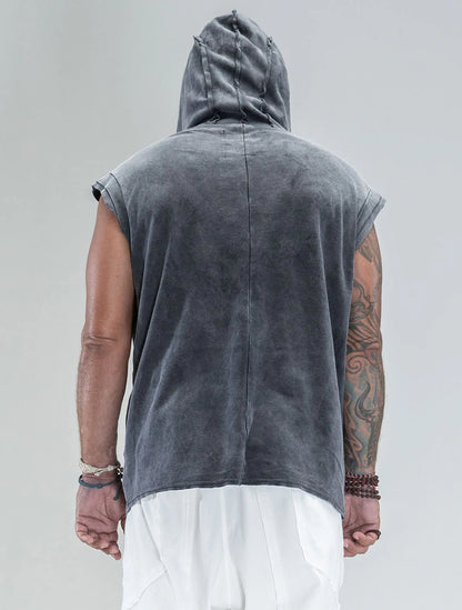 RHINO Sleeveless Baggy Hoodie Sweatshirt In Washed Black