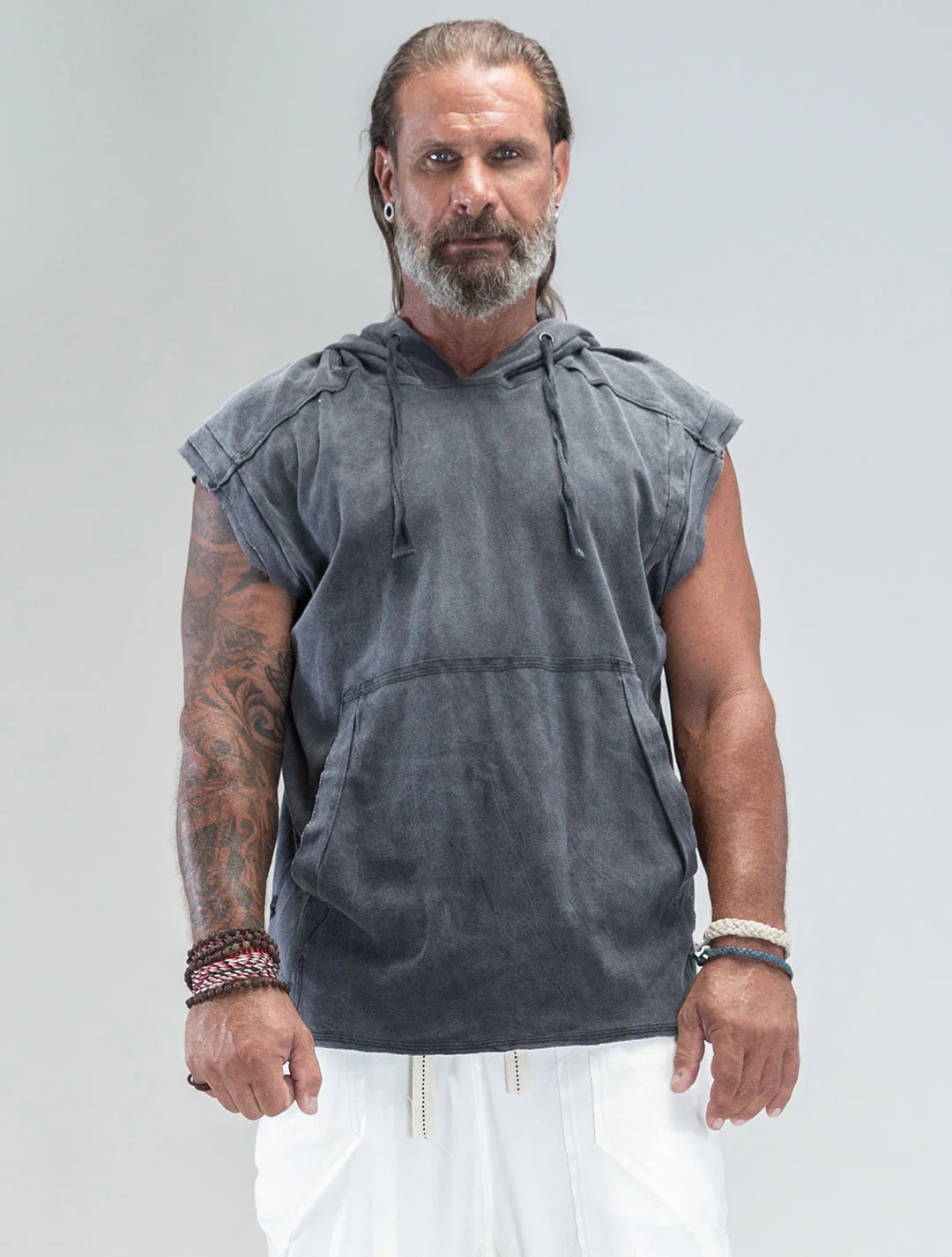 RHINO Sleeveless Baggy Hoodie Sweatshirt In Washed Black