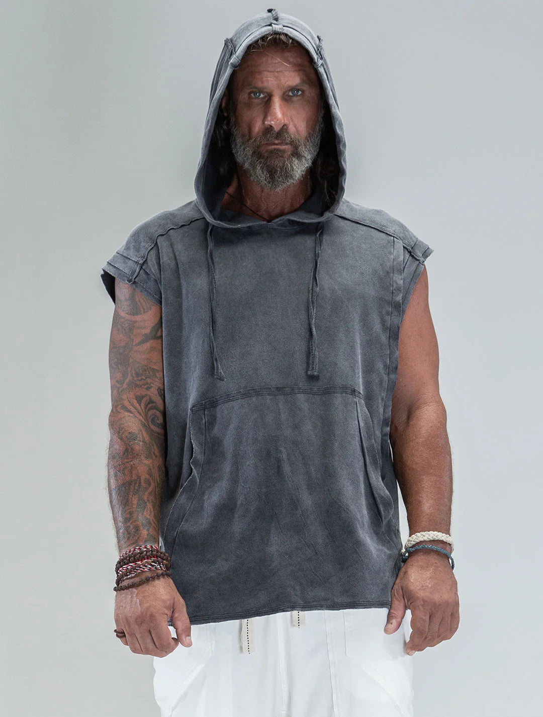 RHINO Sleeveless Baggy Hoodie Sweatshirt In Washed Black