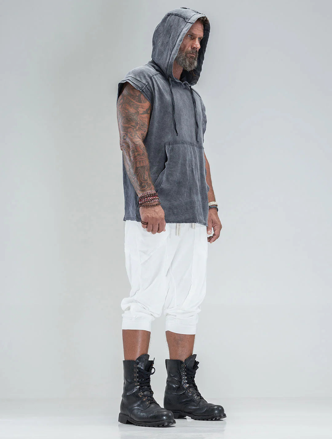 RHINO Sleeveless Baggy Hoodie Sweatshirt In Washed Black
