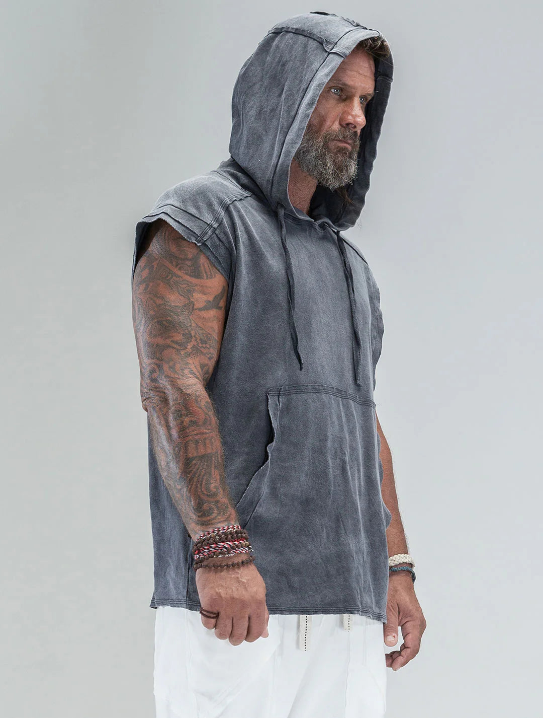 RHINO Sleeveless Baggy Hoodie Sweatshirt In Washed Black