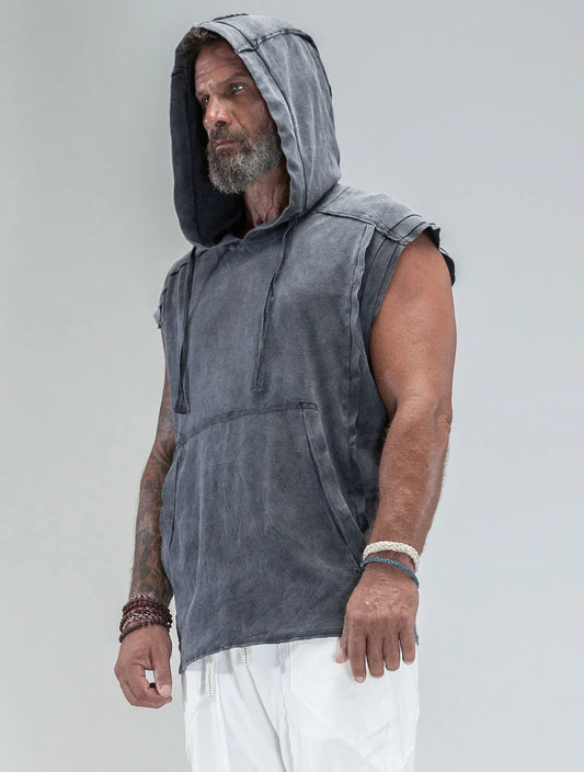 RHINO Sleeveless Baggy Hoodie Sweatshirt In Washed Black