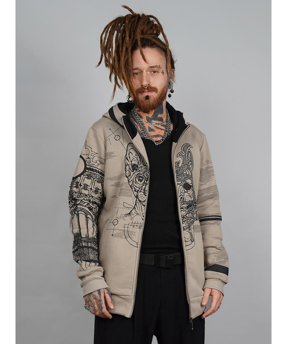 SAMURAI CAT Zip Hood In Stone