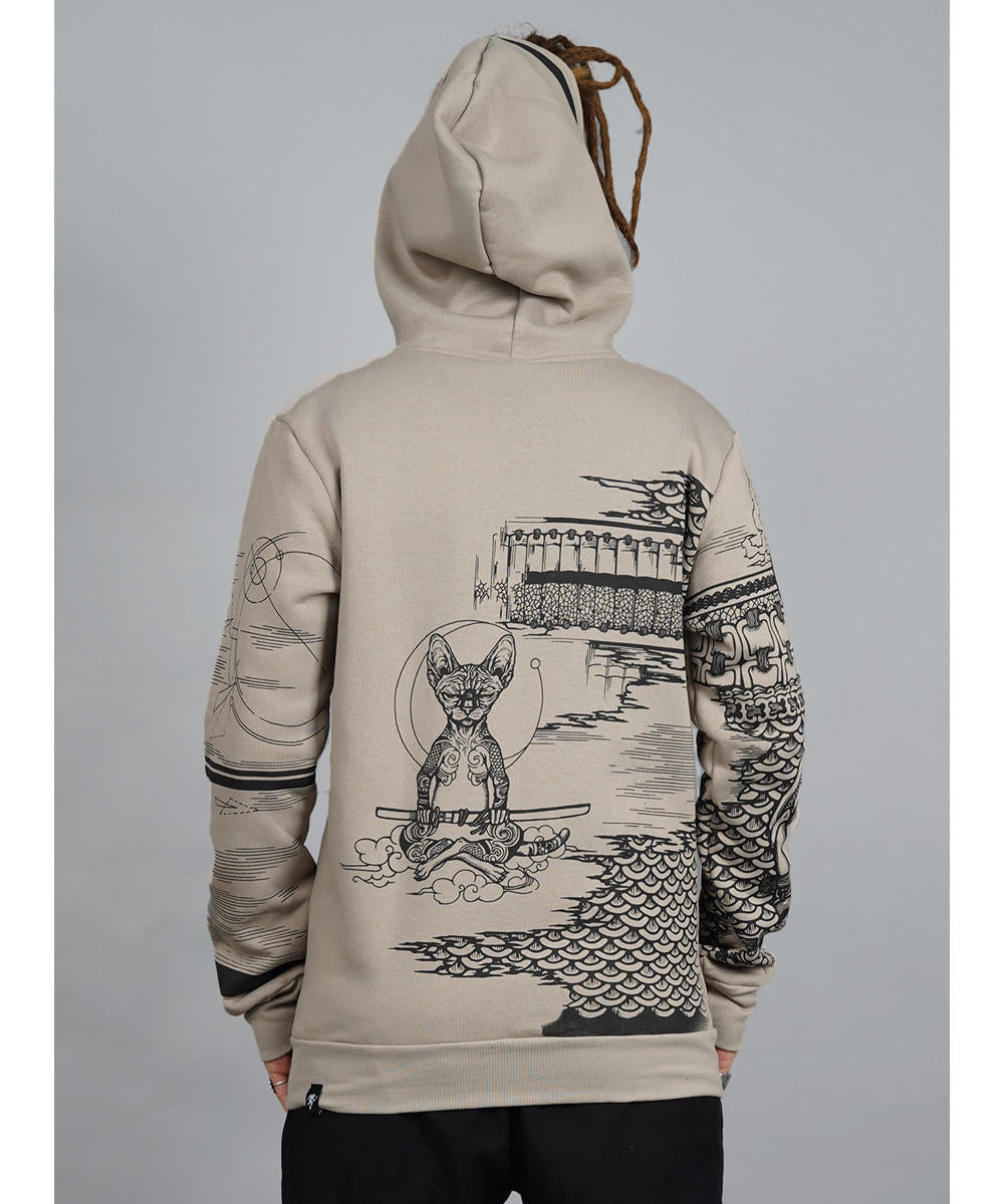 SAMURAI CAT Zip Hood In Stone