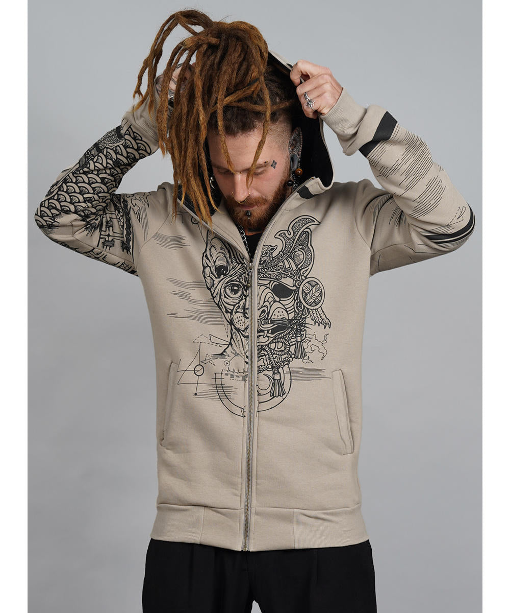 SAMURAI CAT Zip Hood In Stone