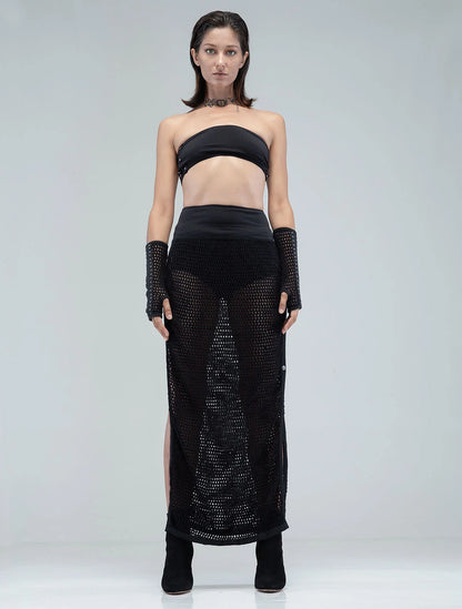 SANJA Crochet Knitted Maxi Skirt In Black