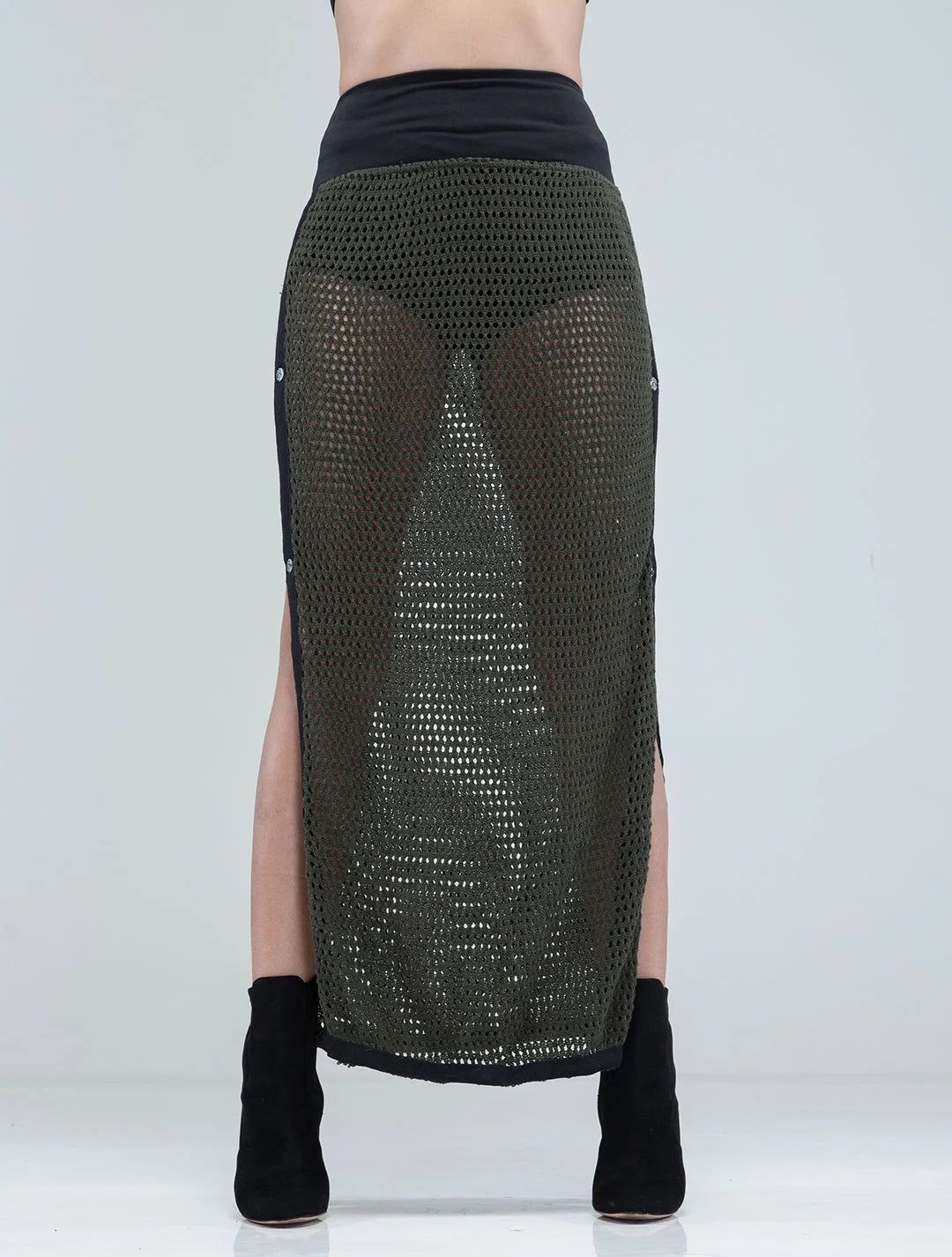 SANJA Crochet Knitted Maxi Skirt In Olive / Black