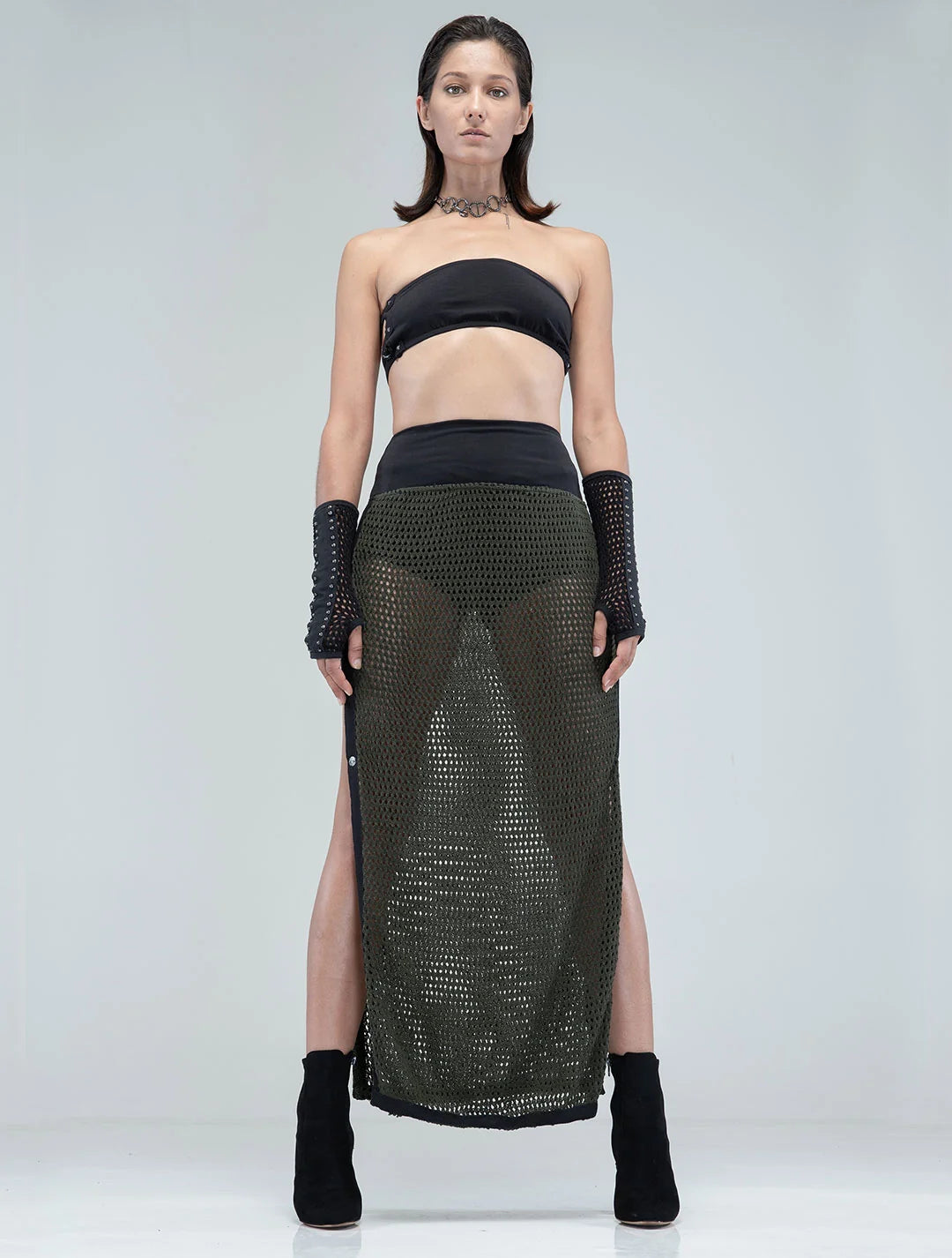 SANJA Crochet Knitted Maxi Skirt In Olive / Black