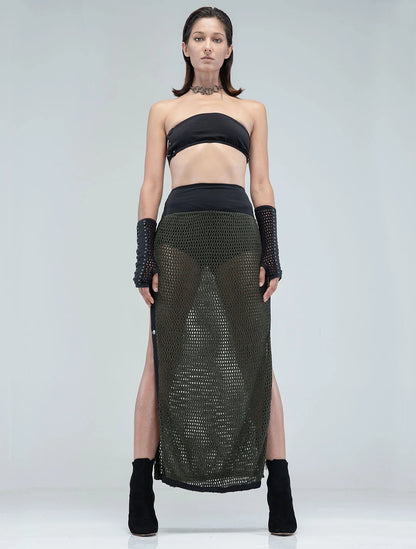 SANJA Crochet Knitted Maxi Skirt In Olive / Black