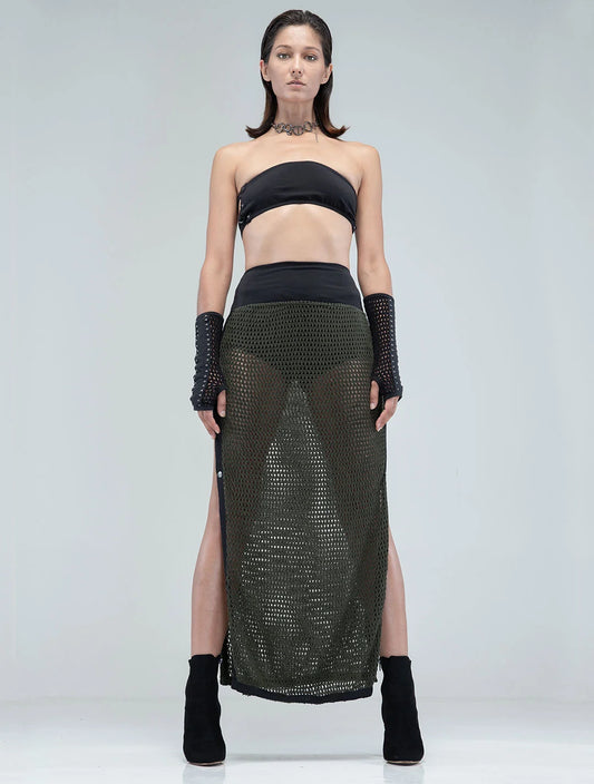 SANJA Crochet Knitted Maxi Skirt In Olive / Black