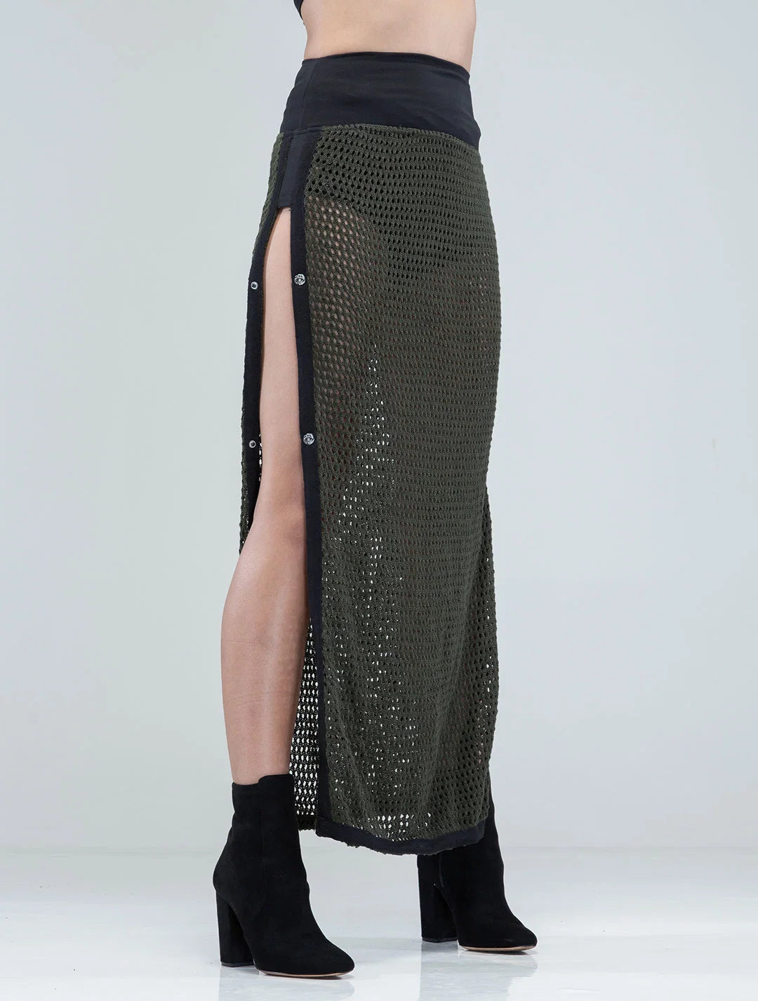 SANJA Crochet Knitted Maxi Skirt In Olive / Black