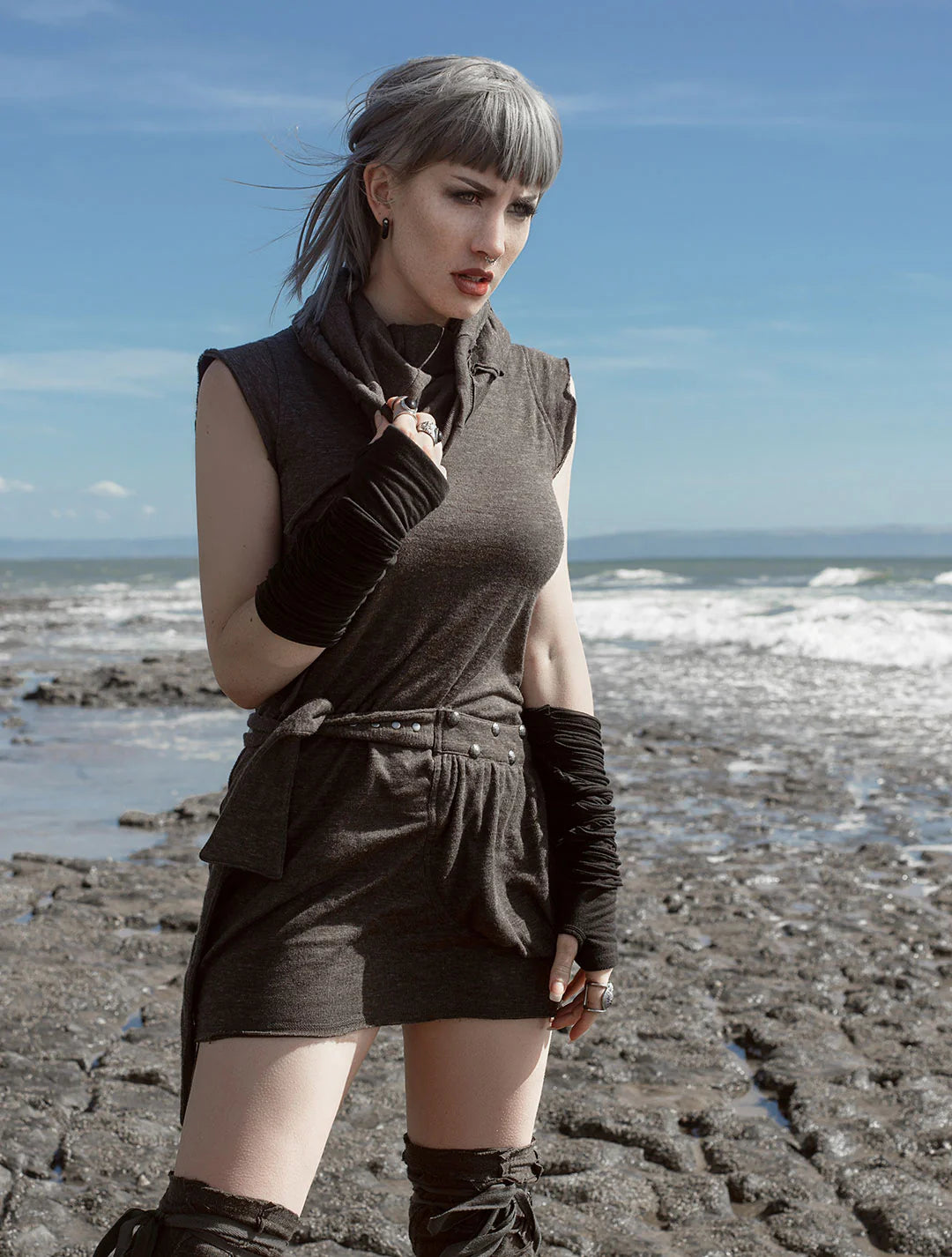 SOBA Short Sleeveless Mini Dress In Charcoal