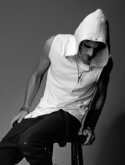 Slashed Sleeveless Hooded Tee In Off-White