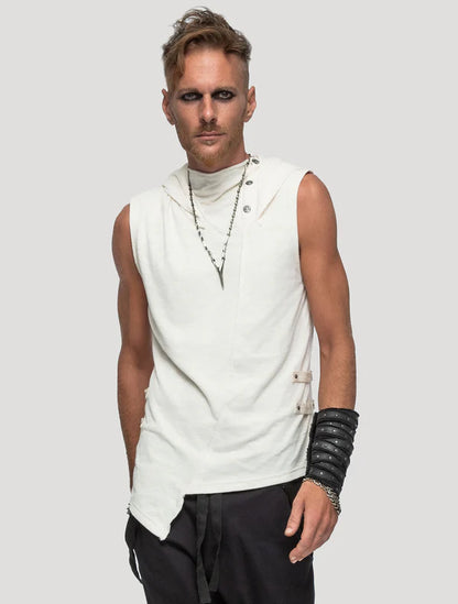 Slashed Sleeveless Hooded Tee In Off-White