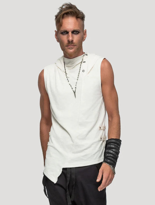 SLASHED Sleeveless Hooded Tee In Off-White