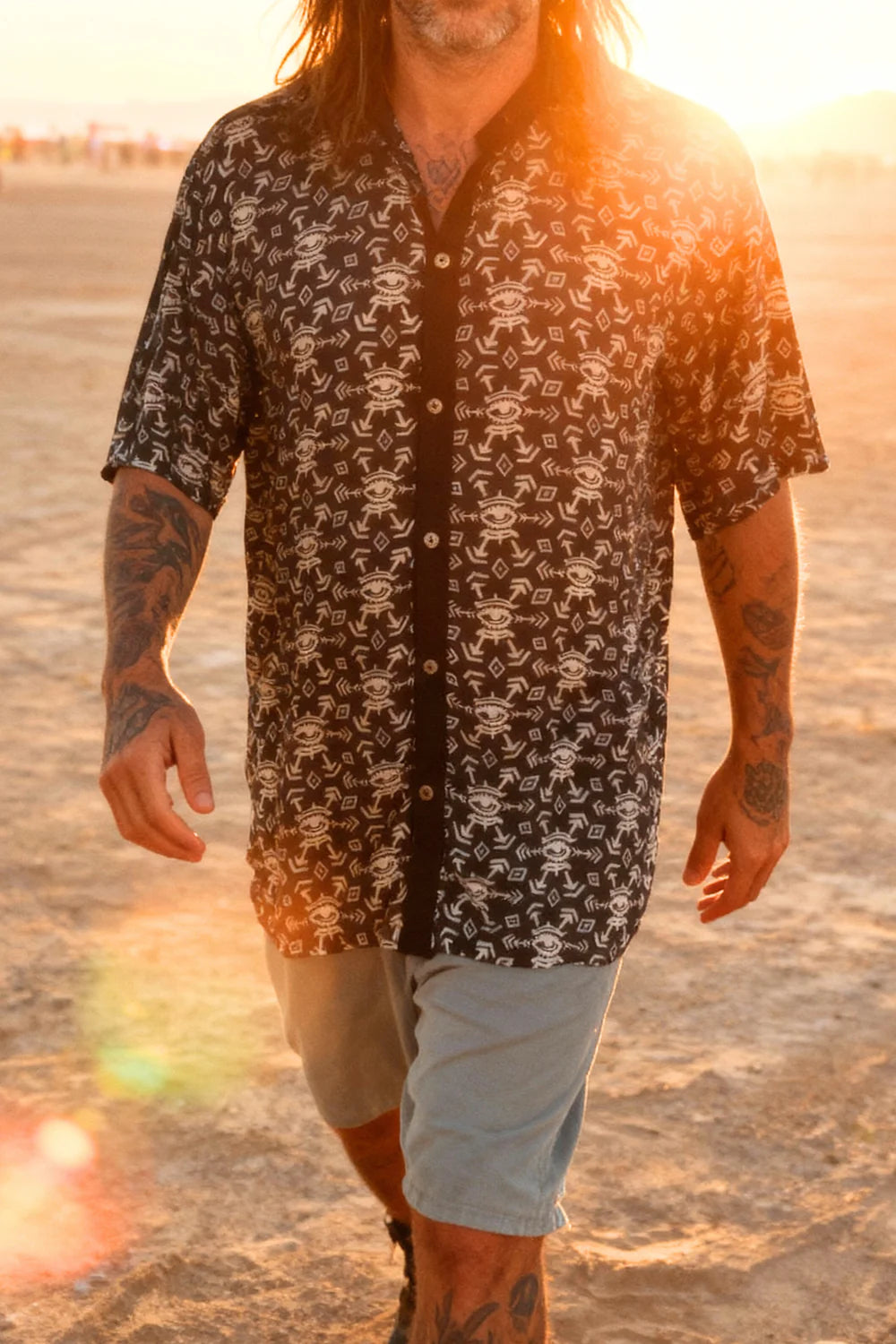 FALUJA BW Print Unisex Button Short Sleeve Shirt