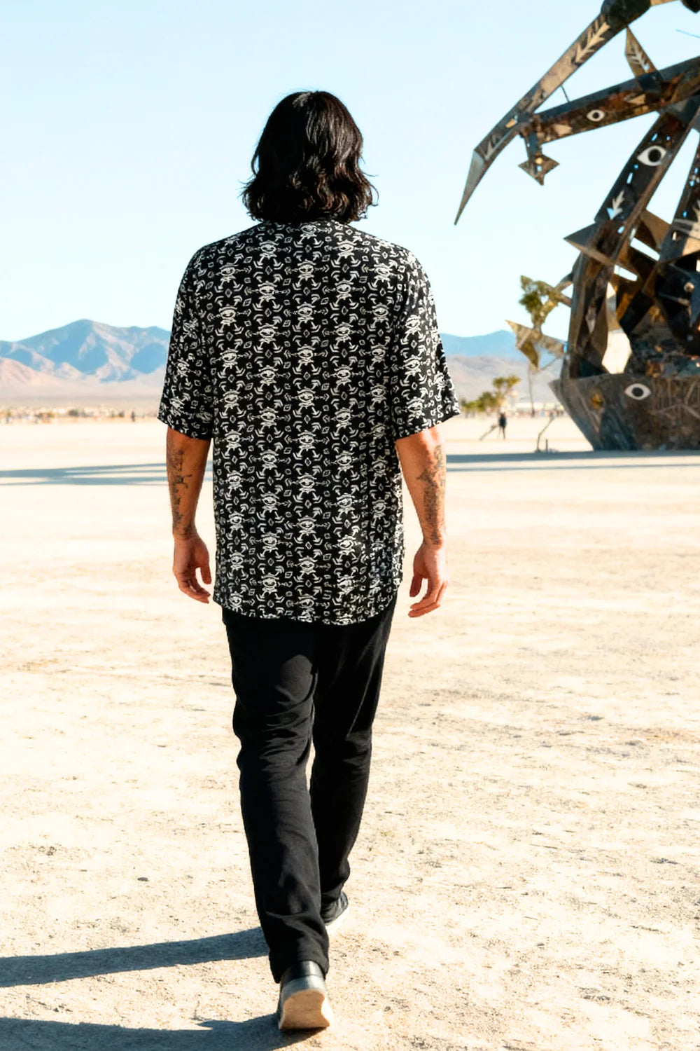 FALUJA BW Print Unisex Button Short Sleeve Shirt