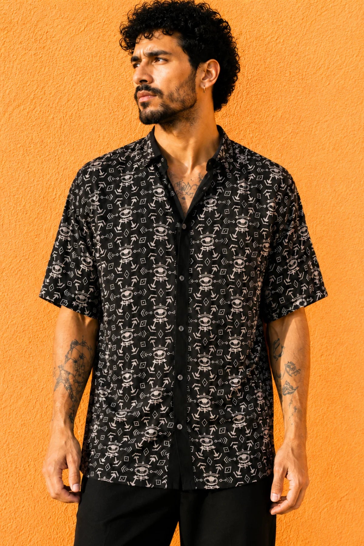 FALUJA BW Print Unisex Button Short Sleeve Shirt