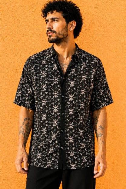 FALUJA BW Print Unisex Button Short Sleeve Shirt