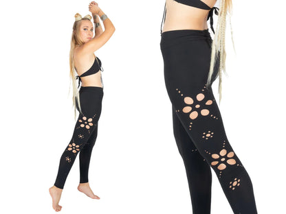 Yoga Leggings In Black with Floral Cutouts