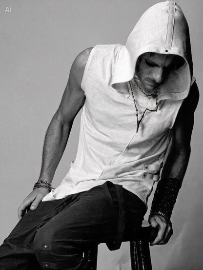 Slashed Sleeveless Hooded Tee In Off-White