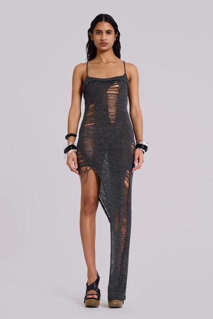 Distressed Knit Dress — Grey