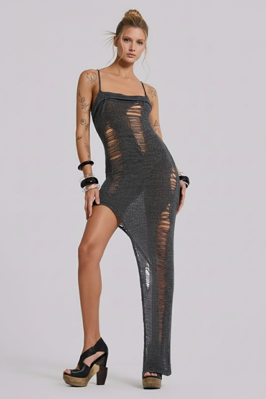 Distressed Knit Dress — Grey