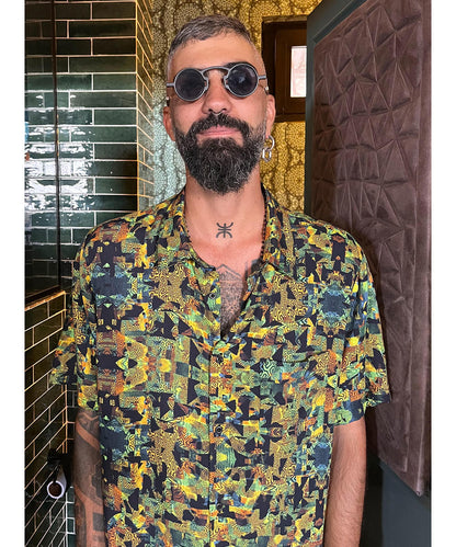 FUNTASM JUNGLE Short Sleeve Botton Shirt In Yellow