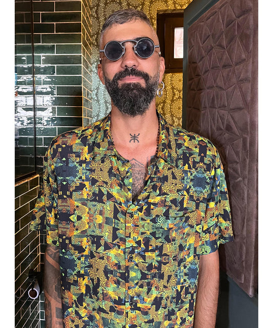 FUNTASM JUNGLE Short Sleeve Botton Shirt In Yellow