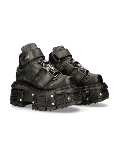 BLACK BUTIN LEATHER SNEAKERS - ADJUSTABLE STRAPS