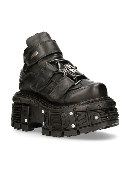 BLACK BUTIN LEATHER SNEAKERS - ADJUSTABLE STRAPS