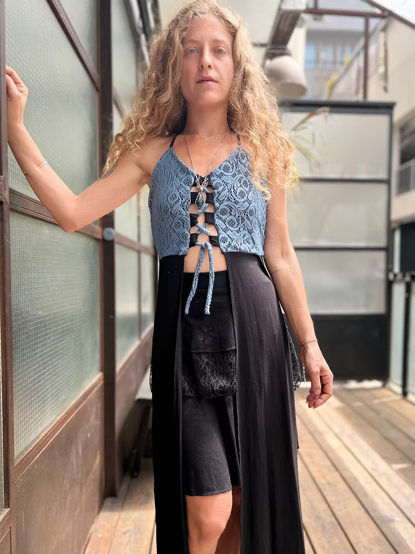 LILITH Top – Blue Lace Cut-Out Texture Tunic