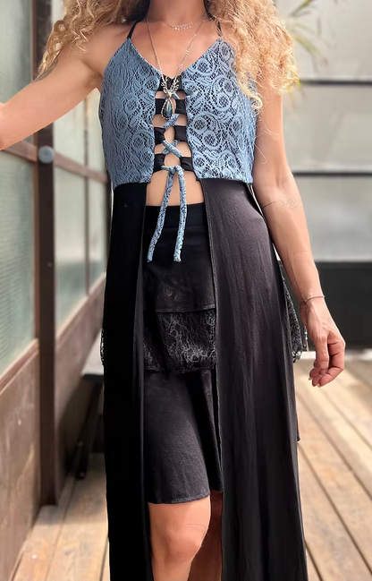 LILITH Top – Blue Lace Cut-Out Texture Tunic