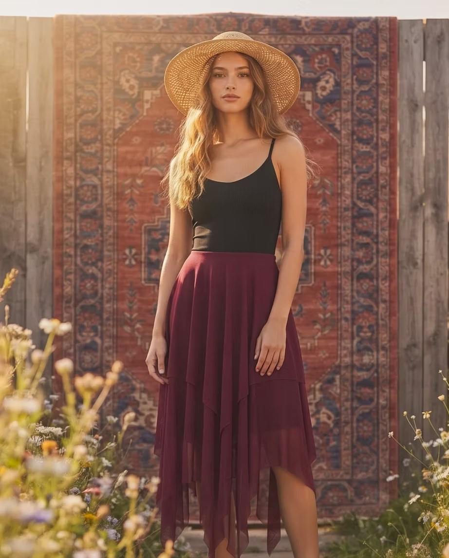 MYSTIC ROES Chiffon Dress - Burgundy / Black