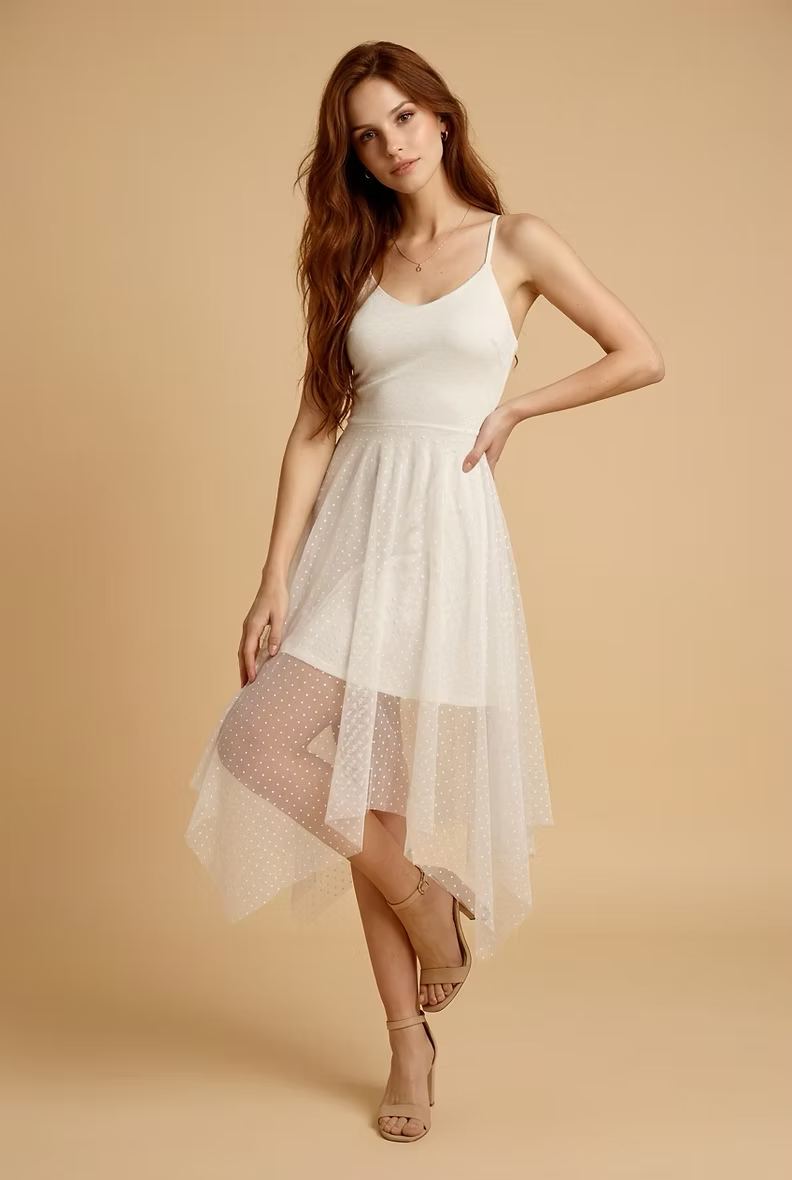 FAIRY Long White Dotted Chiffon Dress